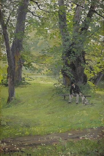 Gerda Roosval-Kallstenius Park with sitting man and dog Sweden oil painting art